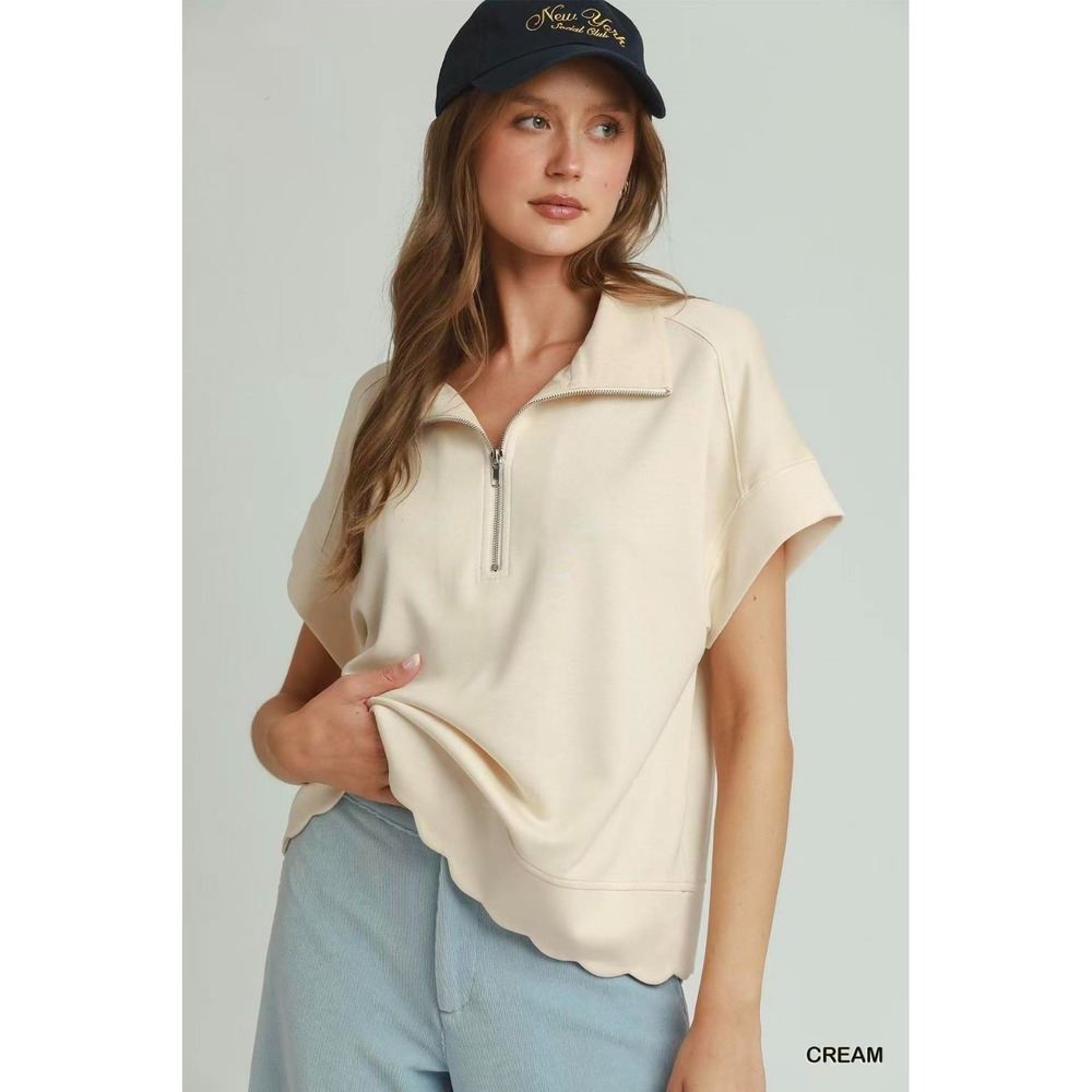 Umgee Half Zip Pullover with Scalloped Edge Hem - Medium